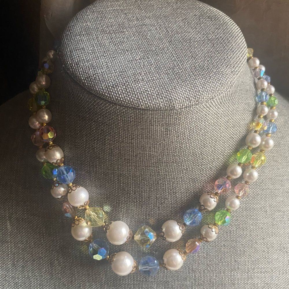 Vintage Faux Pearl & Aurora Borealis Necklace